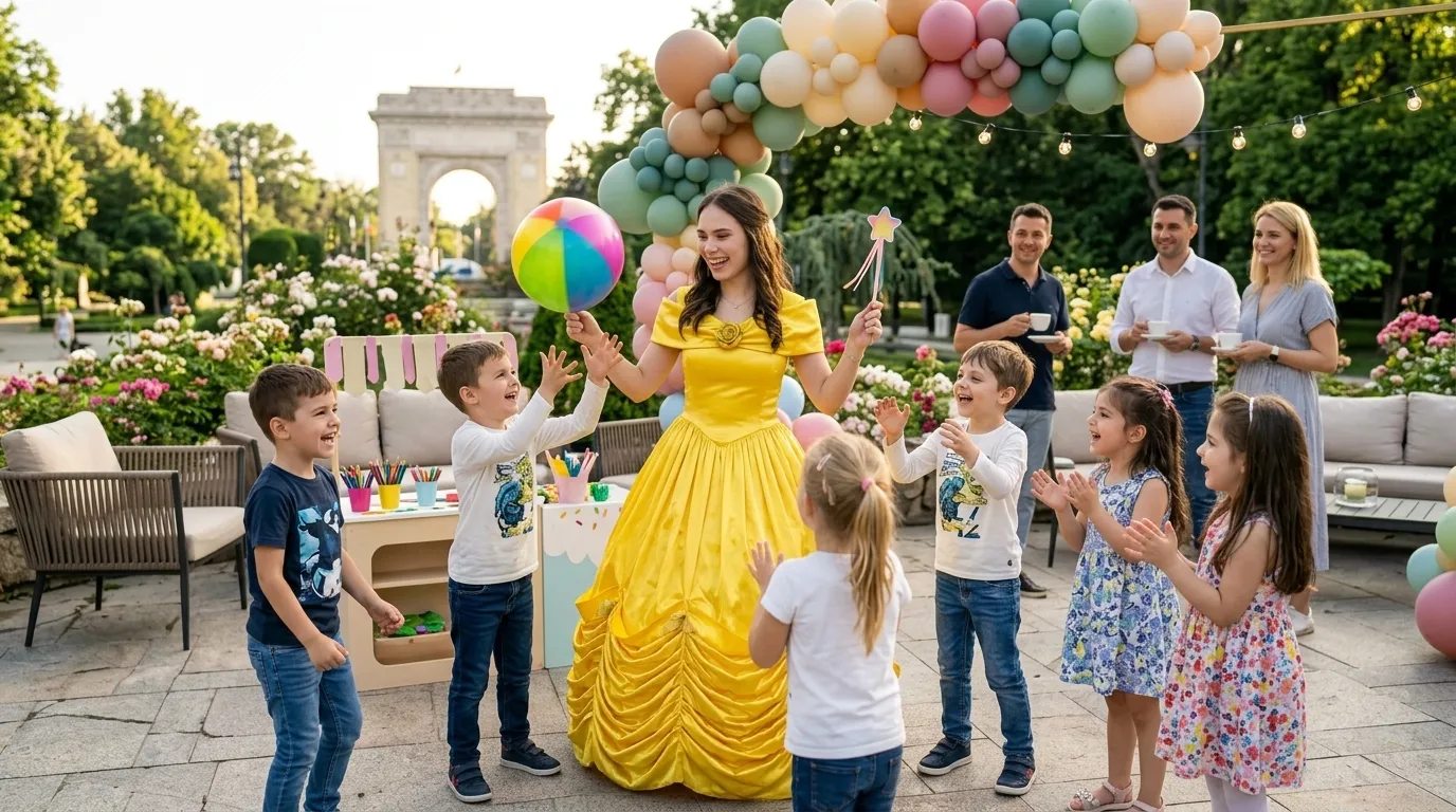 Animatoare în rochie galbenă și copii într-un cerc, cu o minge colorată, pe o terasă decorată cu baloane.